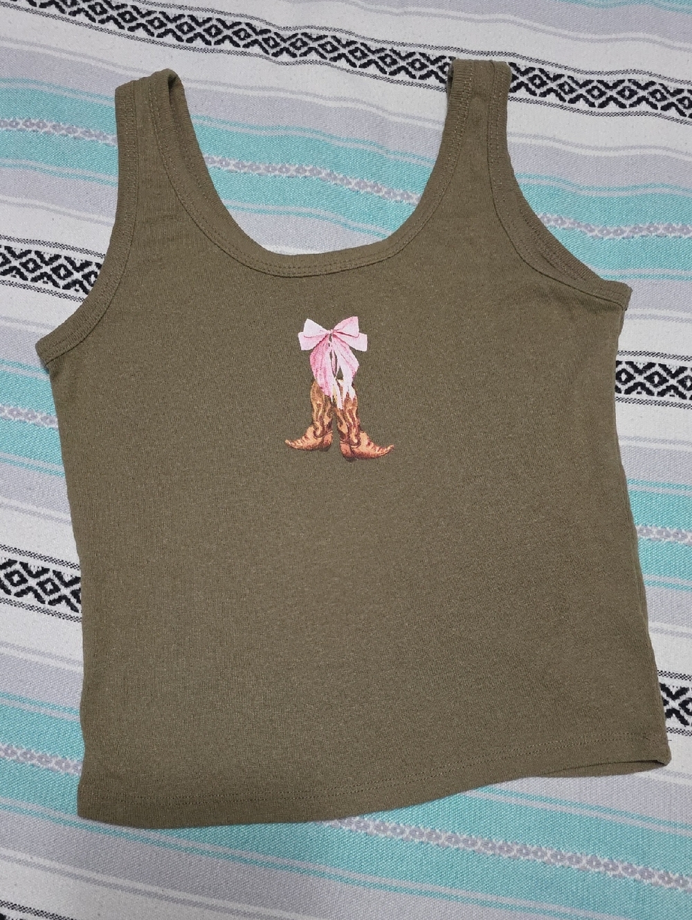 Olive Green Crop Tank Top with Pink Bow & Western Boots Cowgirl Style
